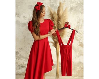 Red Mommy and Son Matching Outfit | Elegant Dress & Suspender Pants Set | Family Photo Look