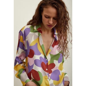 Floral Satin Blouse: Colorful Long Sleeve Silky Shirt