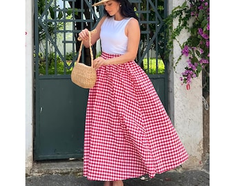 Red Gingham Maxi Skirt: Retro Cottagecore Outfit