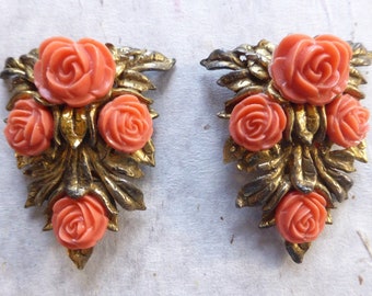 Two Faux Coral Scarf or Dress Clips from the 1940s