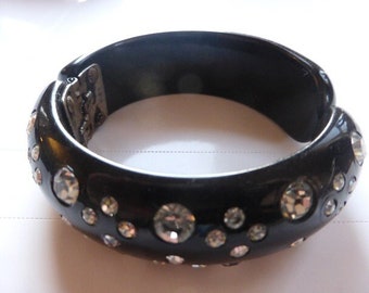 Black Clamper Bracelet with Rhinestones -- Signed Weiss