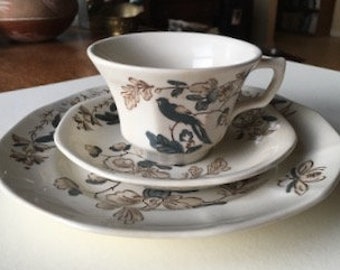 Cup, saucer, and dessert plate - Adams ironstone - India Parrot Gray