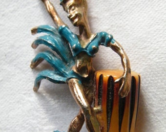 Antique Brooch -- Enthusiastic Conga Playing Woman