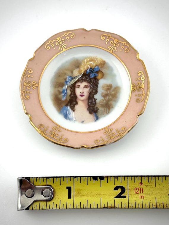 Vintage Limoges Miniature Plate - Pink & Gold Portrait Scene - France