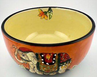 Elephant Ceramic Bowls – Orange with Elephant & Floral Design – Set of 4