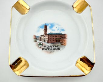 Vintage Fürth Rathaus Germany Souvenir Ashtray Gold Trim Porcelain 4” Square Mid Century Tobacciana