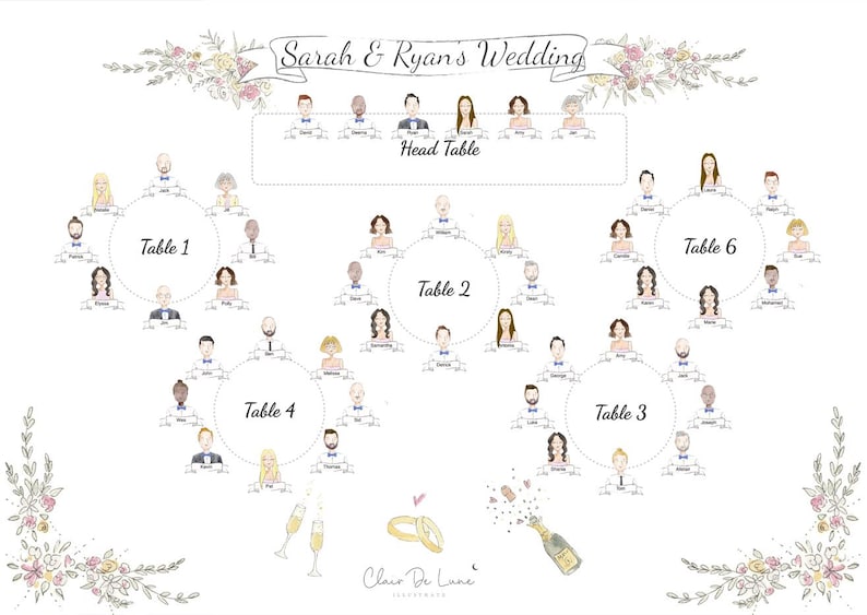 Pode incluir: Um mapa de assentos de casamento com o texto "Sarah & Ryan's Wedding" e "Head Table". O mapa apresenta ilustra&ccedil;&otilde;es de convidados em torno de mesas circulares numeradas de 1 a 6. Detalhes florais e ta&ccedil;as de champanhe tamb&eacute;m est&atilde;o inclu&iacute;dos.