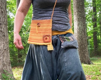 Crossbody Pouch, Fringed Handbag, Tribal Style Medicine Bag, Upcycled