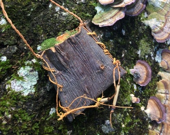 Tree Bark and Roots Pouch Amulet Necklace, Medicine Bag, Juniper Bark, Natural Tree Jewelry, Boho Style