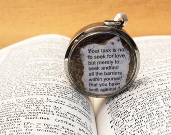 Rumi Quote Locket, Terrarium Necklace,  Your task is not to seek for love