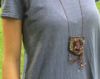 Woven Tapestry Necklace: Fiber and Pottery, Textile Jewelry, Statement Jewelry, Funky Boho Style
