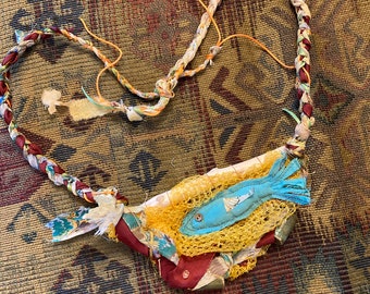 Caught in a Net Bright Fish Necklace, Upcycled Silk Statement Necklace, OOAK