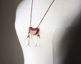 Red Potsherd Jewelry, Fiber Pottery Necklace, Woven