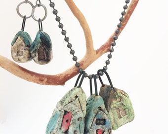 Necklace and Earring Set: Colorful Crooked Houses