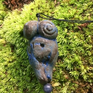 Blue Goddess Bead Necklace, Venus of Willendorf, Primordial Fertility Symbol, Scarified Female Form, Rustic Primitive, Handmade Pottery