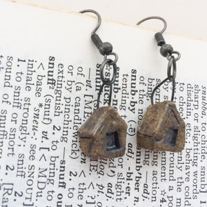 Dark House Earrings,Tiny Twisted Weird Clay Houses, Cream Blackened Burned Pottery Cottage, Strange Crooked Shack, Miniature Houses