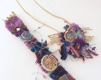 Set of Tapestry Jewelry Woven Boho Cuff Wristlet Bracelet and Necklace Set, Purple, blue, Moonface