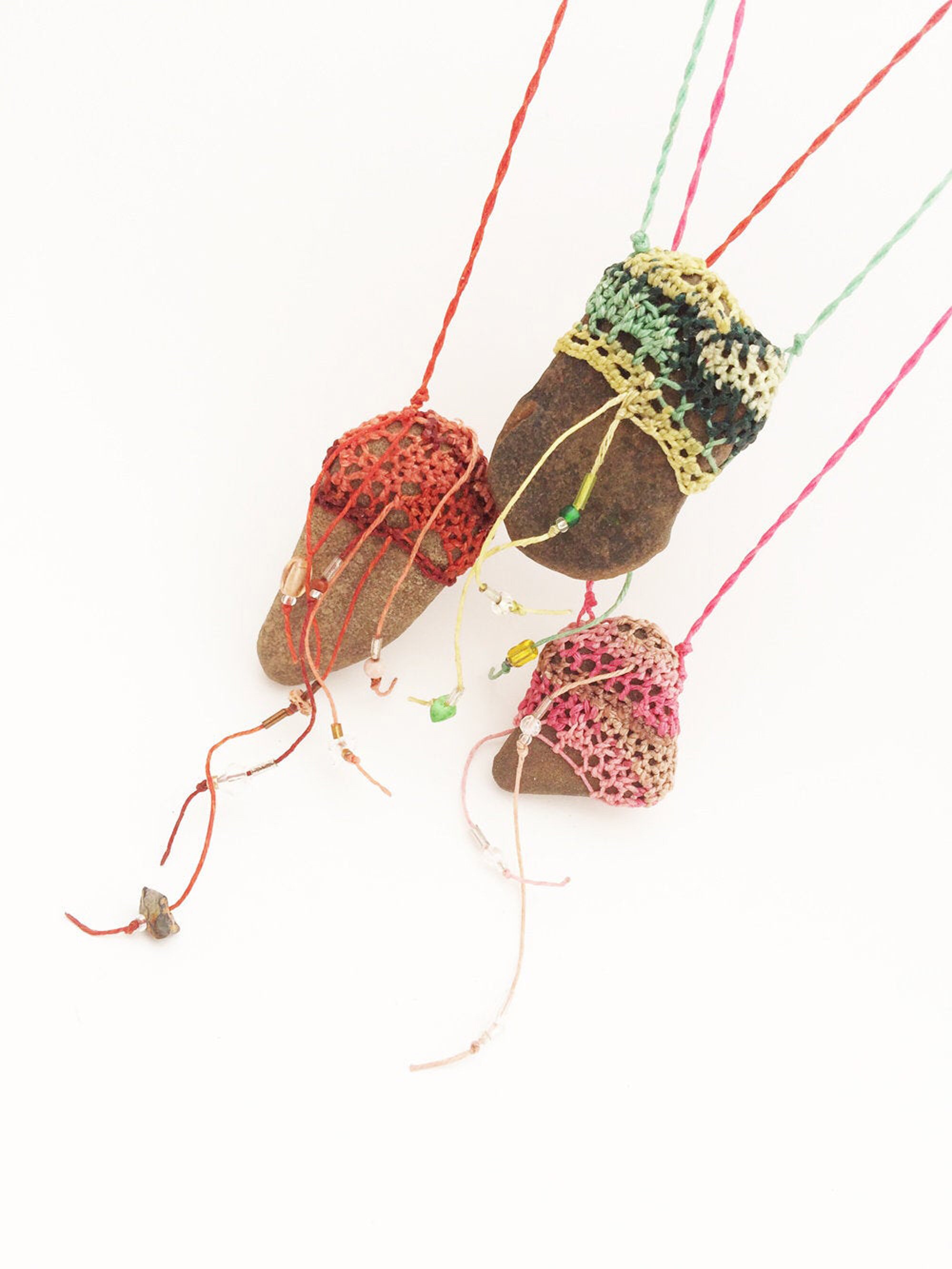 Necklace Rustic Stone Sky Blue or Pink, Knotted Netted Rock Necklace ...