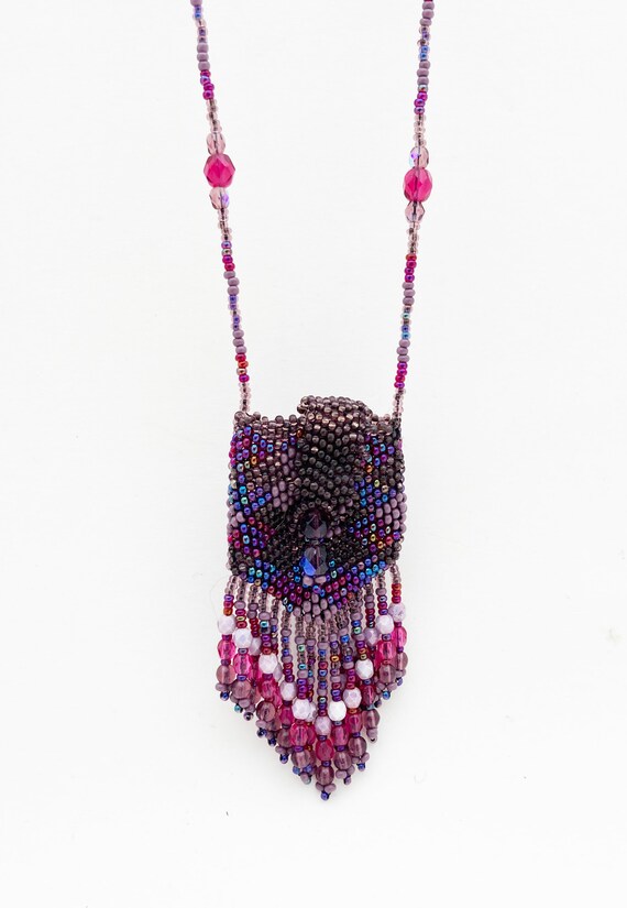 Beautiful Beaded Pouch Necklace Raspberry Pink Pu… - image 1