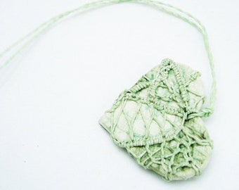 Fishnet Steampunk Pottery and Fiber Knotted Necklace, Celery Green, White, Valentine