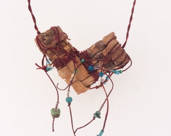 Primitive Bark Elbow Basket Necklace, Rustic Wild Statement Necklace. Brown Burgundy Crude Handmade Woven Fiber BARK2