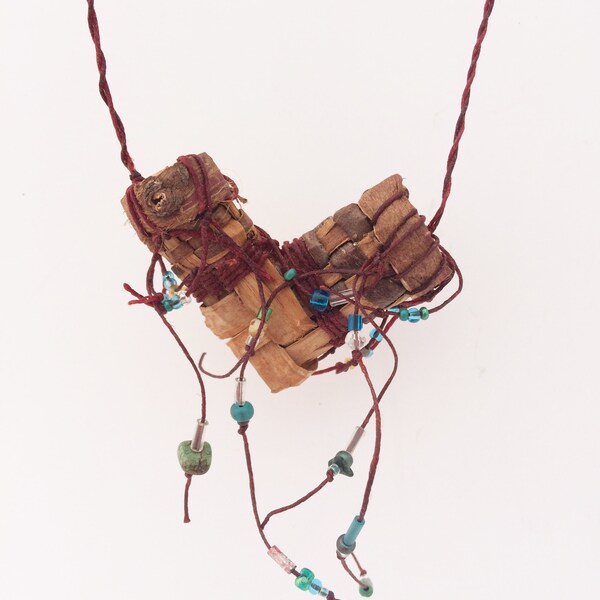 Primitive Bark Elbow Basket Necklace, Rustic Wild Statement Necklace. Brown Burgundy Crude Handmade Woven Fiber BARK2