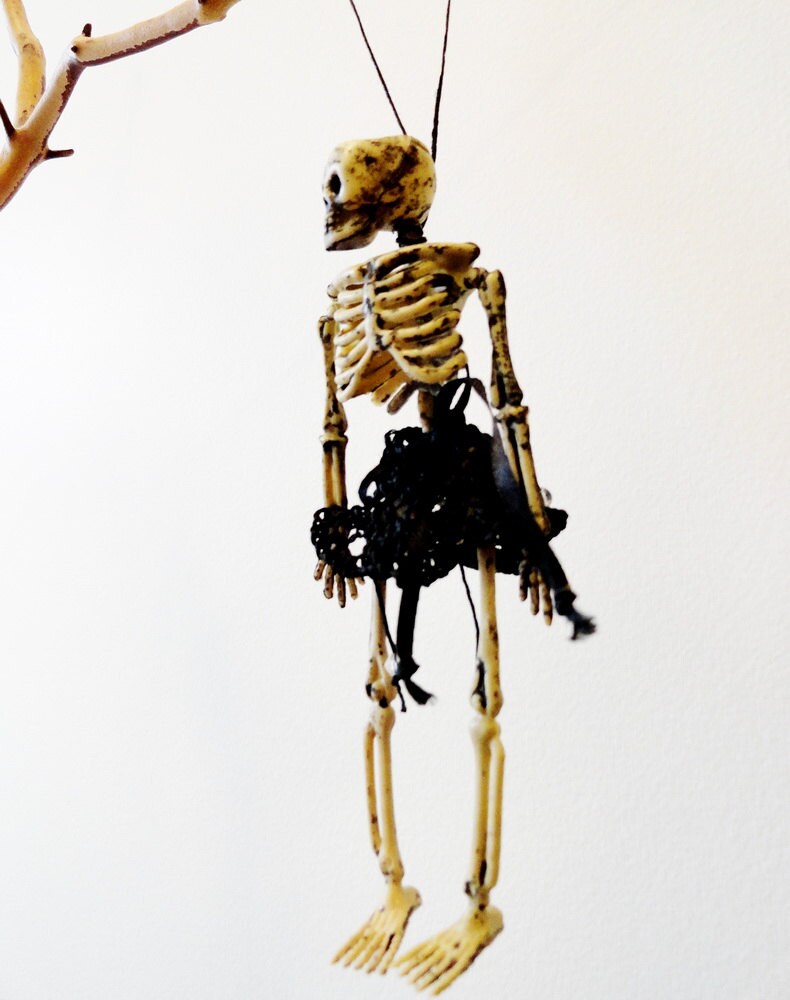 Miss Otis Regrets, Dressed Skeleton Halloween Decoration Goth Jewelry,  Black Lace,  Skeleton with Skirt, Tutu