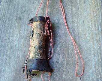 Tree Bark and Recycled LeatherPouch Amulet Necklace, Medicine Bag, Lilac Bark, Natural Tree Jewelry, Boho Style