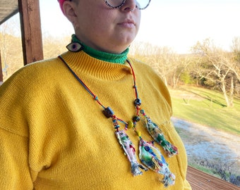 Artist's Wild Bright Fish Necklace, Upcycled Painted Statement Necklace, OOAK