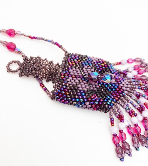 Beautiful Beaded Pouch Necklace Raspberry Pink Pu… - image 3