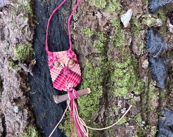 Macrame Owl Necklace, Adjustable Pink Vintage