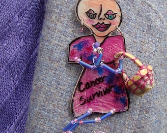 Upcycled Art Pin, Cancer Survivor Woman with Bald Head and Mini Woven Basket