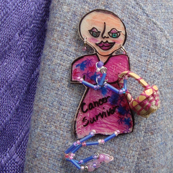 Upcycled Art Pin, Cancer Survivor Woman with Bald Head and Mini Woven Basket