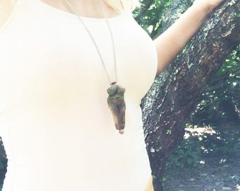 Venus of Willendorf Necklace: Handmade Pottery Goddess Bead, Primitive Fertility Symbol