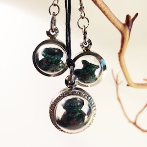 May include: A set of three silver pendant necklaces with clear glass charms containing green and brown objects. The necklaces are hanging from a branch.