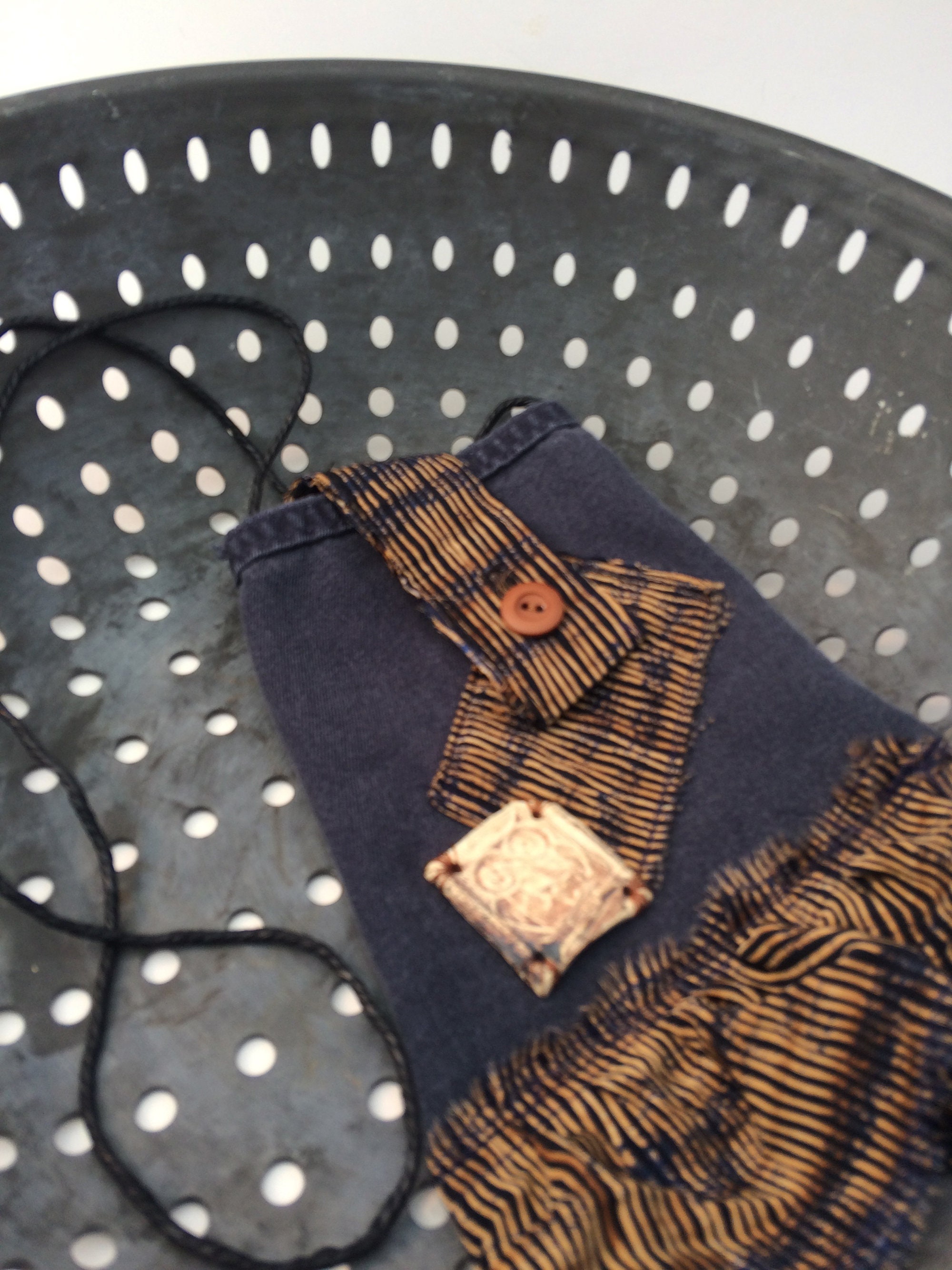 Necklace Pouch, Treasure Pocket, Navy Blue Striped Owl Bag, Possibles