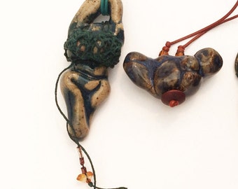 Goddess Bead Necklace, Venus of Willendorf, Primordial Fertility Symbol, Primitive Female Form, Rustic Primitive, Handmade Pottery