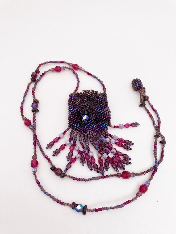 Beautiful Beaded Pouch Necklace Raspberry Pink Pu… - image 2