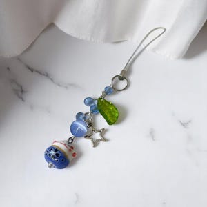 Handmade Lucky Cat Phone Charm: Blue Ceramic Keychain with Leaf