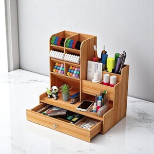 Wooden Desk Organizer Box with Drawer – DIY Pen Holder - Stationery Storage for Office & School