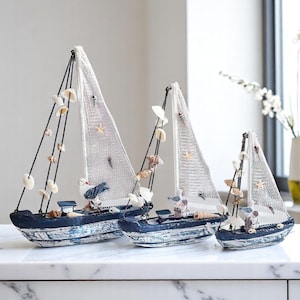 Handmade Wooden Sailboat Decor – Mediterranean Blue & White Nautical Shell Craft – Coastal Home Gift