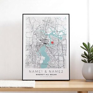 Art mural plan de la ville personnalisé - Cadeau pour couple personnalisé, impression Où nous nous sommes rencontrés, affiche encadrée d'anniversaire, décoration d'intérieur moderne pour le salon