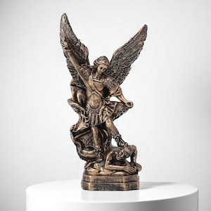 San Miguel Arcangel Statue – Bronzed Resin St Michael Archangel Over Satan Figurine