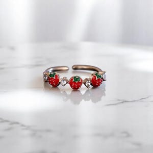 Aardbeikristalring – Leuke ring met rood fruit voor dames, meisjes – Koreaanse trouwsieraden met open vinger