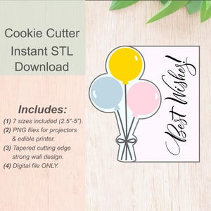 Könnte beinhalten: Ein digitaler Download für einen Ausstecher in Form von drei Ballons mit dem Text "Beste Wünsche!" Die Ballons sind gelb, blau und rosa. Der Ausstecher ist in 7 Größen von 2,5 Zoll bis 5 Zoll erhältlich.