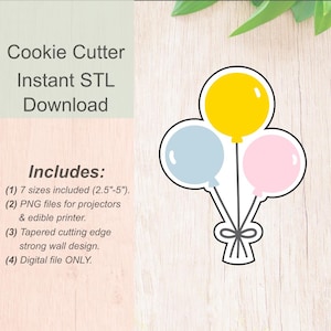 Könnte beinhalten: Ein digitaler Download für einen Ausstecher in Form von drei zusammen gebundenen Ballons. Die Ballons sind gelb, hellblau und rosa. Das Bild enthält den Text "Cookie Cutter Instant STL Download Includes: (1) 7 sizes included (2.5"-5"). (2) PNG files for projectors & edible printer. (3) Tapered cutting edge strong wall design. (4) Digital file ONLY."