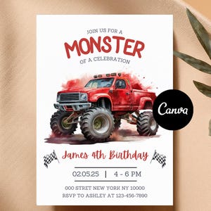 Editable Red Monster Truck Birthday Invitation Monster Truck Invite Red Monster Truck Party Invite Boys Birthday Party Invite Digital