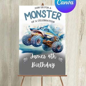 Editable Shark Monster Truck Birthday Welcome Sign, Truck Birthday Welcome Board, Monster Truck Welcome Poster Template Boy Birthday Party