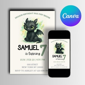 Dragon Birthday Invitation Template, Editable Digital Invitation for Kids, First Birthday Invitation, Dragon Birthday Invite