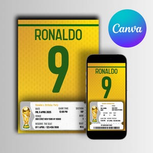 Brazil Ronaldo Editable Birthday Invitation Print Canva Digital Template Football Soccer Invitation Brazil Template Football Soccer Party